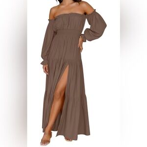 Boho Off-Shoulder Brown Maxi Dress